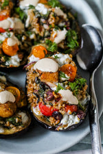 Greek Chicken and Rice Stuffed Eggplant