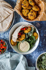 Mediterranean Chickpea Pitas with Tahini Kale Caesar Salad and Olive Herb Salsa