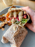 Barbecue Tempeh Wraps with Beets, Peppers, Kimchi Tahini Sauce + Miso-Glazed Delicata Squash