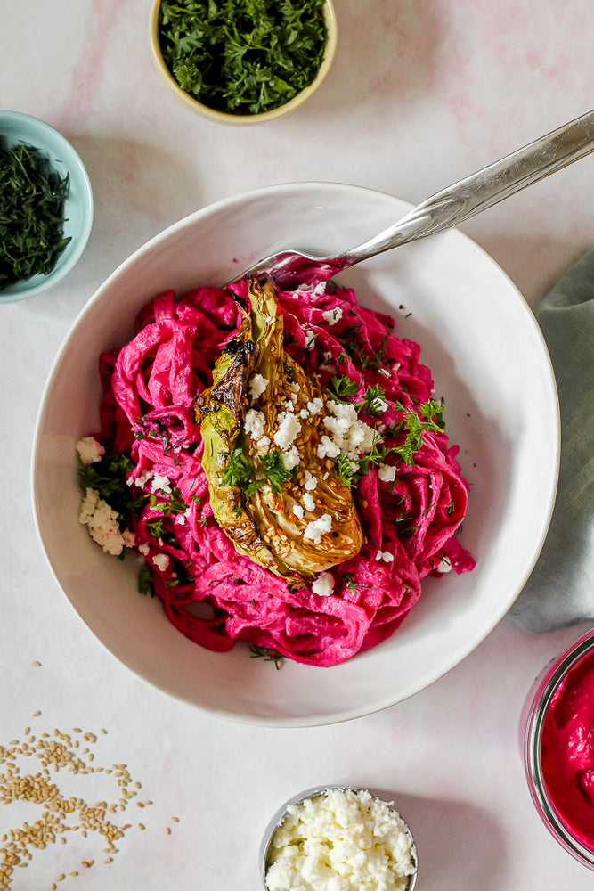 Beet Pesto Pasta with Miso Butter Charred Cabbage