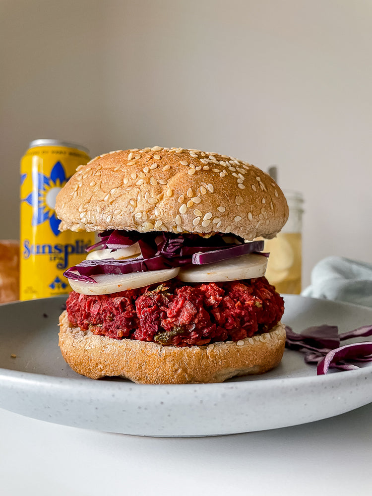 Beet White Bean Veggie Burgers with Quick-Pickled Sugar Drop Radishes