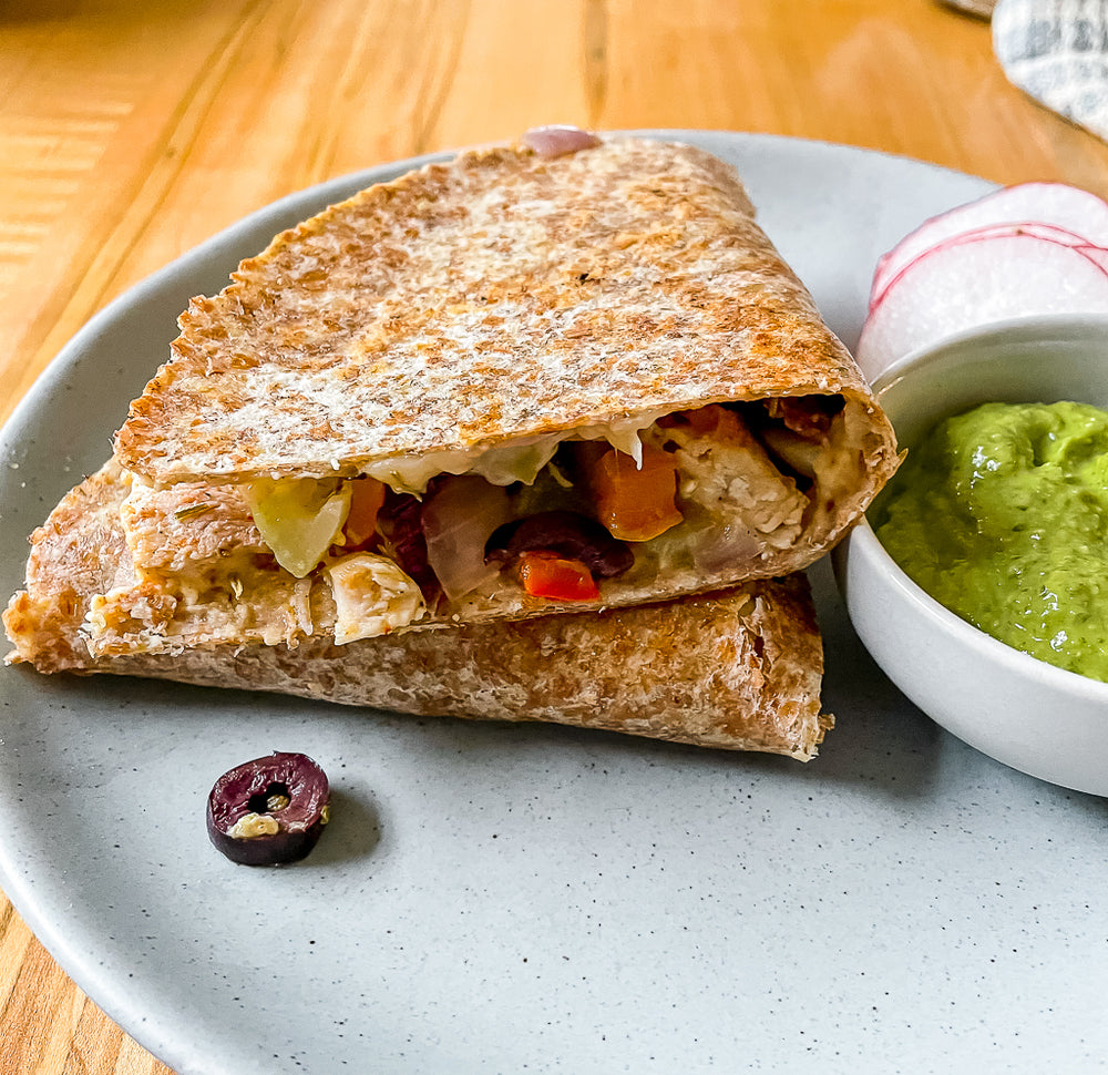Chicken, Hummus, Fennel, and Pepper Quesadillas
